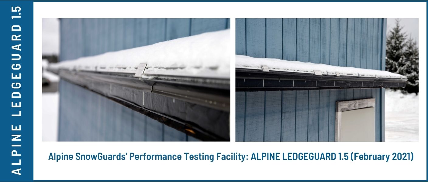A snow guard demonstrating snow management on a building ledge at Alpine SnowGuards' performance research facility